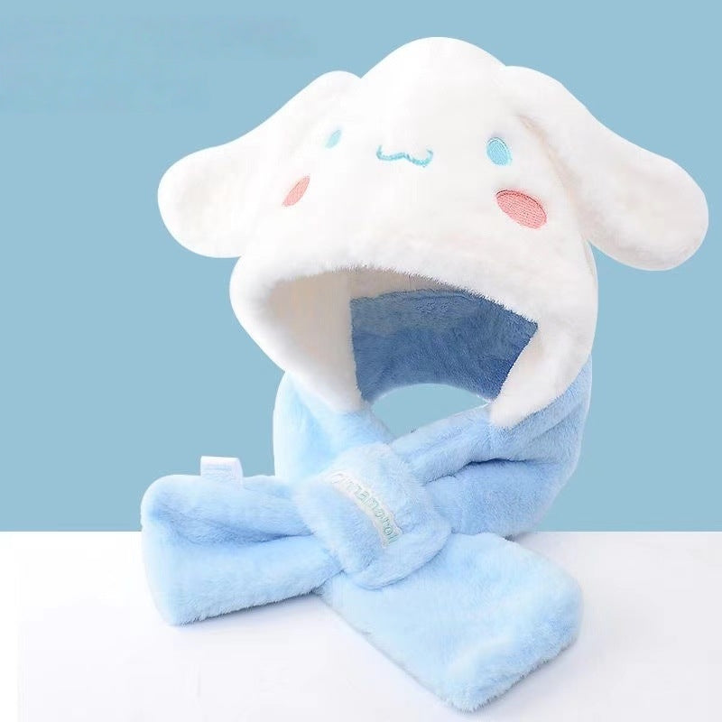 Kids Cartoon 3 in 1 Hat Scarf Gloves Set Winter Warm Fleece Stch Faux Fur Hoodie Full Hood Thick Thermal Scarves Gifts for Boys and Girls Kids