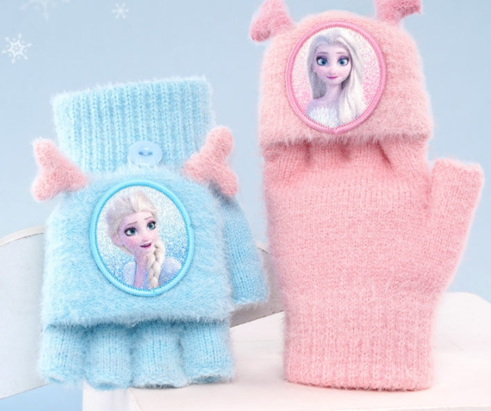 Fingerless Flap Cover Gloves Winter Knit Warm Mittens Soft Lined Fleece Thermal Outdoor Half Finger with Cover Convertible Flip Top for Kids boys girls (Pink Elsa)