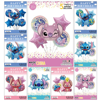 5pcs Princess Cinderella Foil Balloons Birthday Party Congratulations balloons Baby Shower Party Decorations Party Suppiles Accessories Theme kids(Stitch Blue)