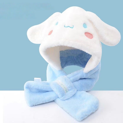 Kids Cartoon 3 in 1 Hat Scarf Gloves Set Winter Warm Fleece Stch Faux Fur Hoodie Full Hood Thick Thermal Scarves Gifts for Boys and Girls Kids(My Melody 01)