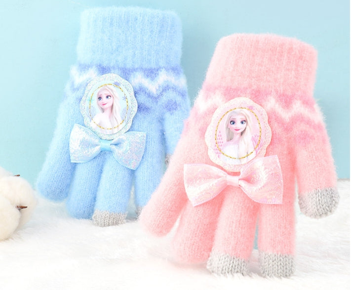 Full Finger Gloves Dinosaur Cat Capybara Winter Knit Warm Mittens Soft Lined Fleece Thermal Outdoor Stretchy Gloves for Kids boys girls(Pink Elsa)