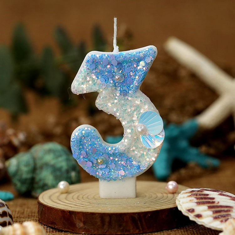 Mermaid Birthday Candles Shell Sequins Candles for Cake Blue Ocean Beach Birthday Cake Sequins Shell Number Toppers for Girls Boys Party Decorations (Blue, Number 5)