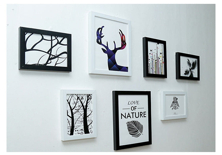 Collage Picture Frames, Set of 7 Pieces Photo Wall Frame, Wood Collage Frames for Family Pictures, Stairs Creative Photo Wall Two 10x8 Five 7x5 (7PCS White+Black)