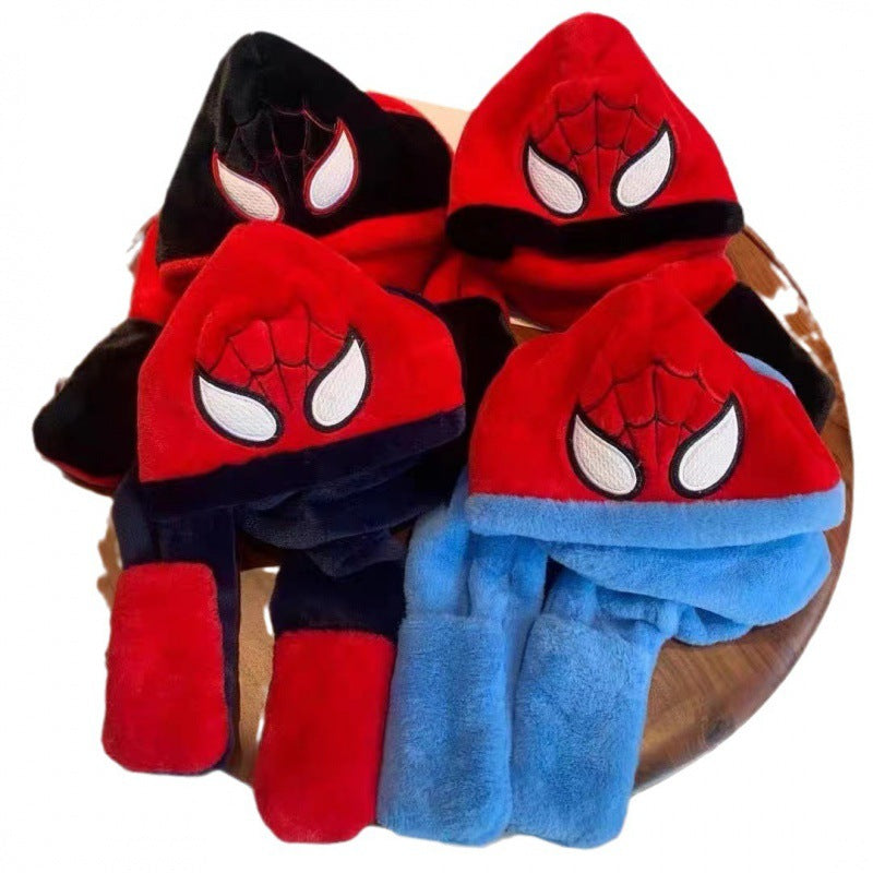 Kids Cartoon 3 in 1 Hat Scarf Gloves Set Winter Warm Fleece Stch Faux Fur Hoodie Full Hood Thick Thermal Scarves Gifts for Boys and Girls Kids(Spiderman)