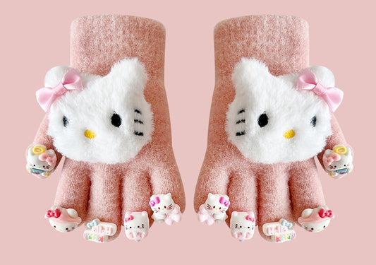 Full Finger Gloves Dinosaur Cat Capybara Winter Knit Warm Mittens Soft Lined Fleece Thermal Outdoor Stretchy Gloves for Kids boys girls (Hello kitty with a doll)