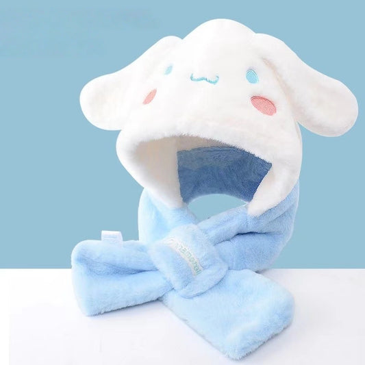 Kids Cartoon 3 in 1 Hat Scarf Gloves Set Winter Warm Fleece Stch Faux Fur Hoodie Full Hood Thick Thermal Scarves Gifts for Boys and Girls Kids(Cinnamoroll 01)