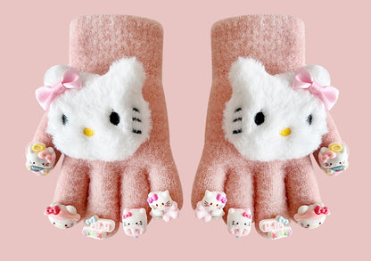 Full Finger Gloves Dinosaur Cat Capybara Winter Knit Warm Mittens Soft Lined Fleece Thermal Outdoor Stretchy Gloves for Kids boys girls (Cinnamoroll With A Doll, One Size)