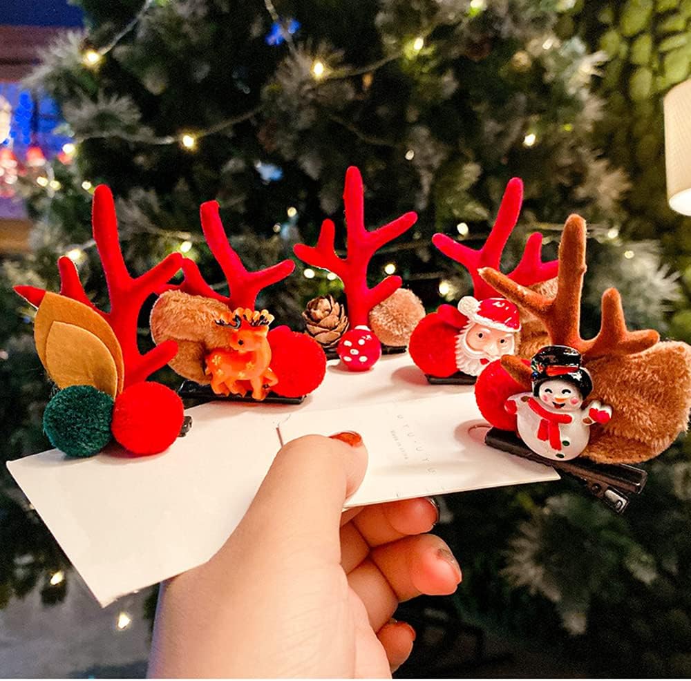 8PCS Christmas Xmas Party Santa Reindeer Snowman Pom Pom Bell Antler Kids Girls Toddlers Women Hair Clips Alligator Barrettes Hairpins Party