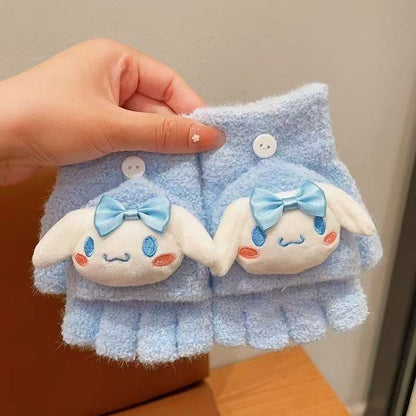 Fingerless Flap Cover Gloves Winter Knit Warm Mittens Soft Lined Fleece Thermal Outdoor Half Finger with Cover Convertible Flip Top for Kids boys girls(3D Kuromi)