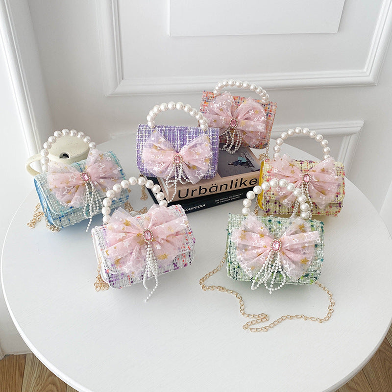 Shoulder Bag Girls Kids Children Handbags Portable Mini Coin Purse Messenger Crossbody Bag Princess Pearl Bow Mini Flip Bag Accessories Bags Gift Travel Holiday