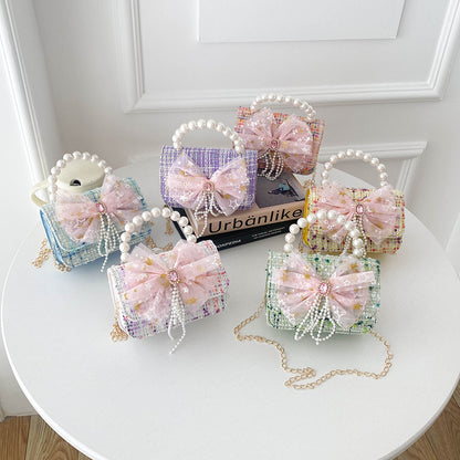 Shoulder Bag Girls Kids Children Handbags Portable Mini Coin Purse Messenger Crossbody Bag Princess Pearl Bow Mini Flip Bag Accessories Bags Gift Travel Holiday