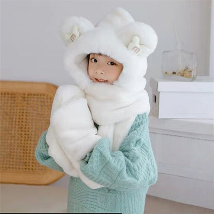 Kids Cartoon 3 in 1 Hat Scarf Gloves Set Winter Warm Fleece Stch Faux Fur Hoodie Full Hood Thick Thermal Scarves Gifts for Boys and Girls Kids (Pink Bear)