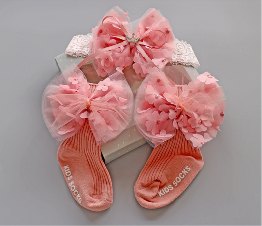 3PCS Baby Crown Lace Tutu Flower Socks Princess Party Newborn Toddler Ankle Socks Hair Headband Gift Set in Box （D）