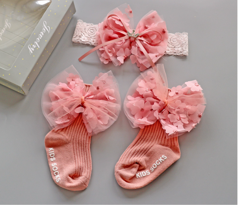 3PCS Baby Crown Lace Tutu Flower Socks Princess Party Newborn Toddler Ankle Socks Hair Headband Gift Set in Box （D）