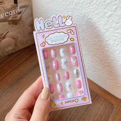 48Pcs 2 Pack Children Acrylic Fake Nails Press on Pre-glue Full Cover Glitter Color Rainbow Unicorn Mermaid Kids Stick On False Nail Art Kits Set Girls Birthday Gift（Set01）