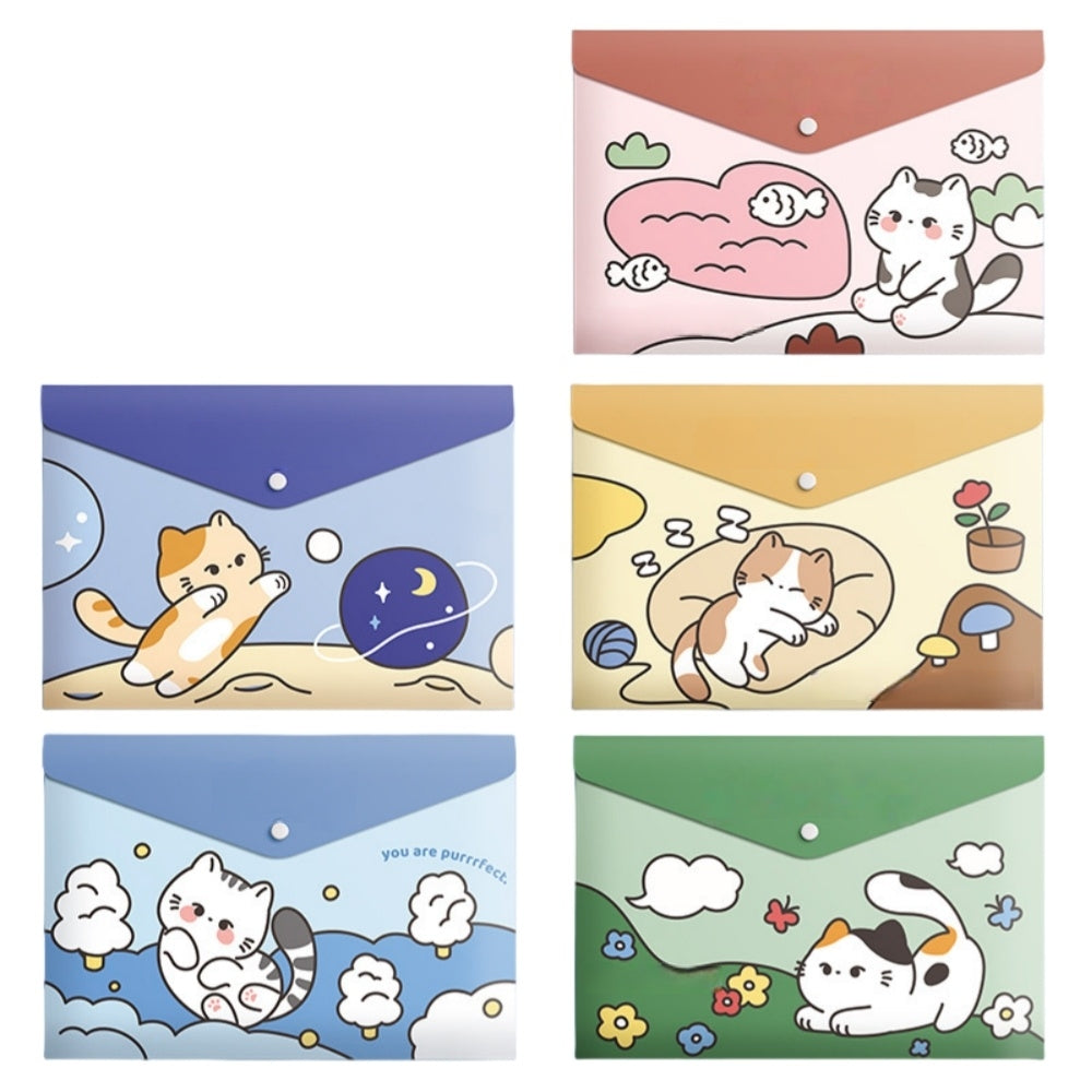 5PCS Plastic Wallets A4, 5 different designs Plastic Folders Popper Folder with Snap Closure, Lightweight Wallets for Document Office School Organization for Kids Adults (Cat)