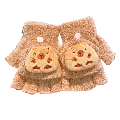 Fingerless Flap Cover Gloves Winter Knit Warm Mittens Soft Lined Fleece Thermal Outdoor Half Finger with Cover Convertible Flip Top for Kids boys girls(3D Cinnamoroll)