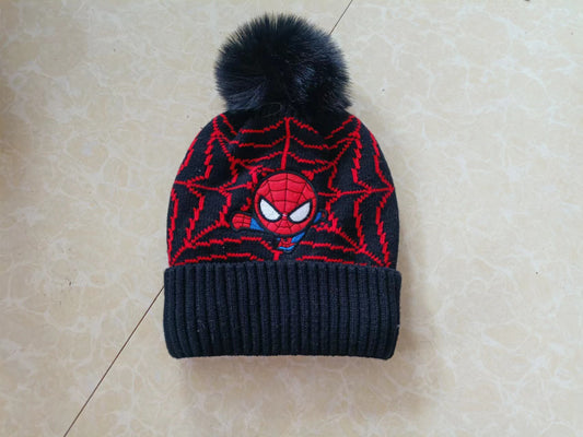 Kids Winter Beanie Hat Scarf for 2-10 Years Old Boys Girls.Outdoor Warm Fleece Lined Thermal Knit Fluffy Pom(Black Spiderman)
