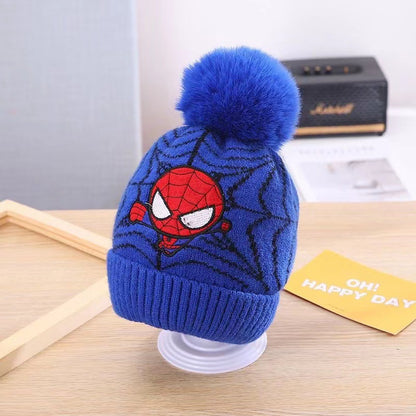 Kids Winter Beanie Hat Scarf for 2-10 Years Old Boys Girls.Outdoor Warm Fleece Lined Thermal Knit Fluffy Pom(Blue Spiderman)