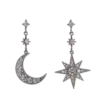 Women Star Moon Fashion Jewellery Gold Silver Plated Bling Stud Earrings with Crystal Allergy Free(Silver)