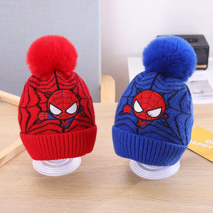 Kids Winter Beanie Hat Scarf for 2-10 Years Old Boys Girls.Outdoor Warm Fleece Lined Thermal Knit Fluffy Pom(Black Spiderman)