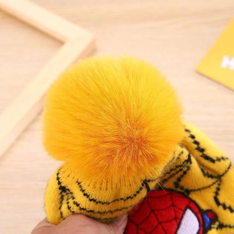 Kids Winter Beanie Hat Scarf for 2-10 Years Old Boys Girls.Outdoor Warm Fleece Lined Thermal Knit Fluffy Pom(Black Spiderman)