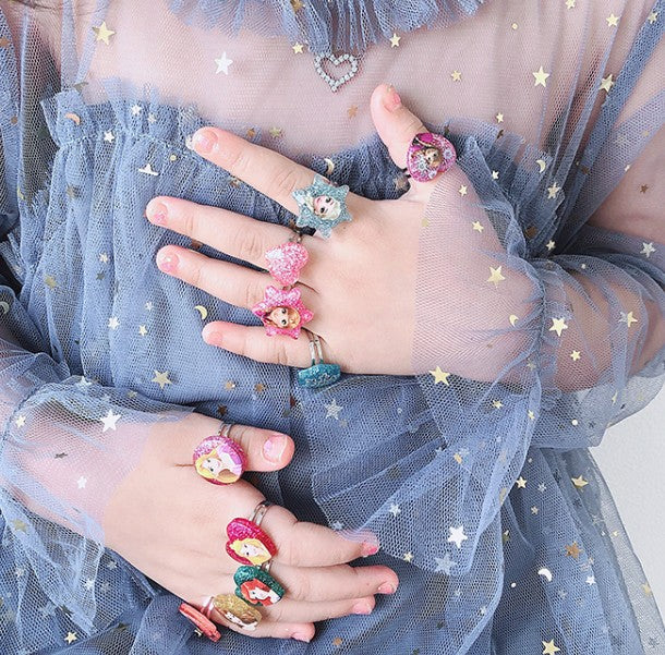 20Pcs Adjustable Princess pink Jewelry Girl Kids elsa Cartoon Plastic Rings Gift Set with Heart Shape Box