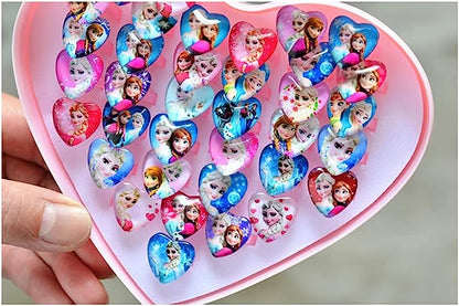 20Pcs Adjustable Princess pink Jewelry Girl Kids elsa Cartoon Plastic Rings Gift Set with Heart Shape Box