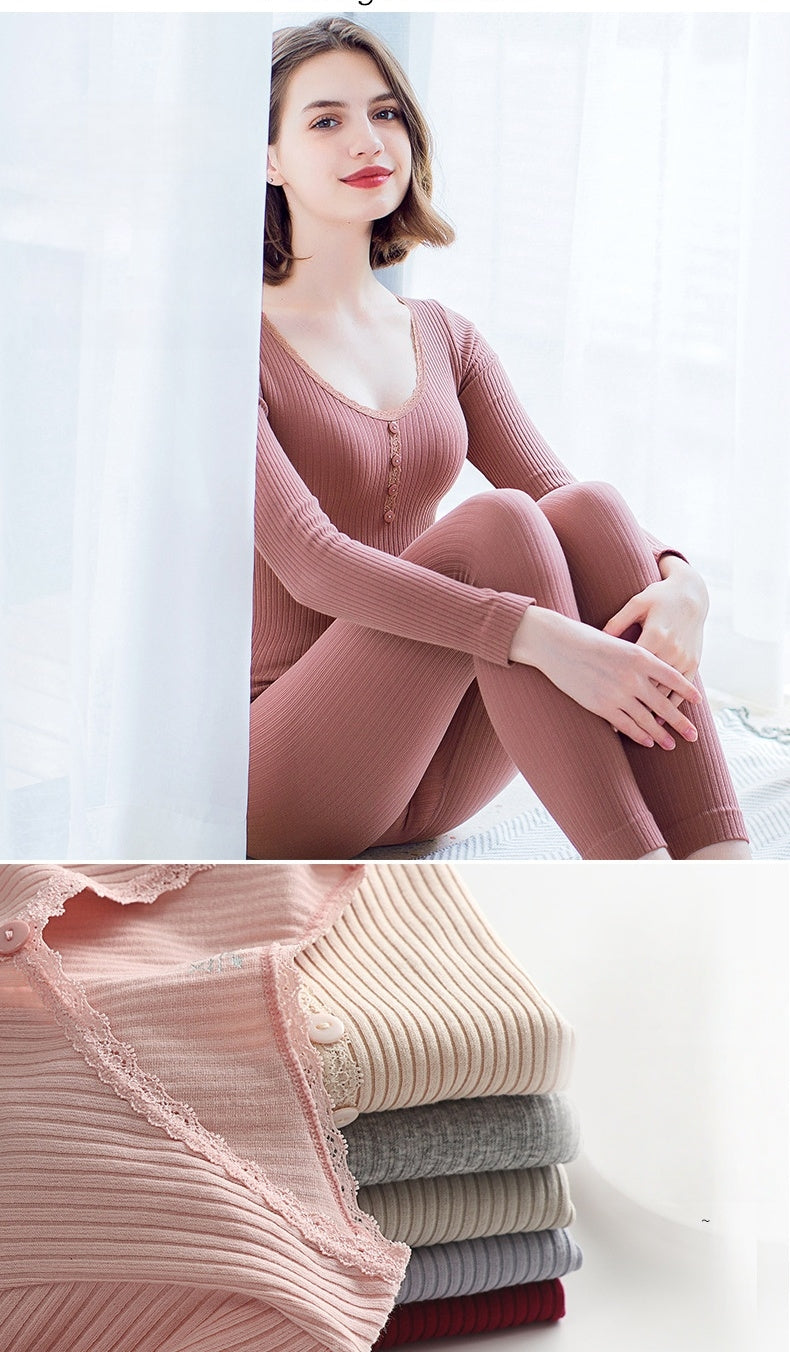 Women Thermal Underwear Set, Thermal Lace lined Long Johns for Ladies, Winter Warm Base Layer Tops & Leggings for Daily Wear and Skiing (Grey, One Size)