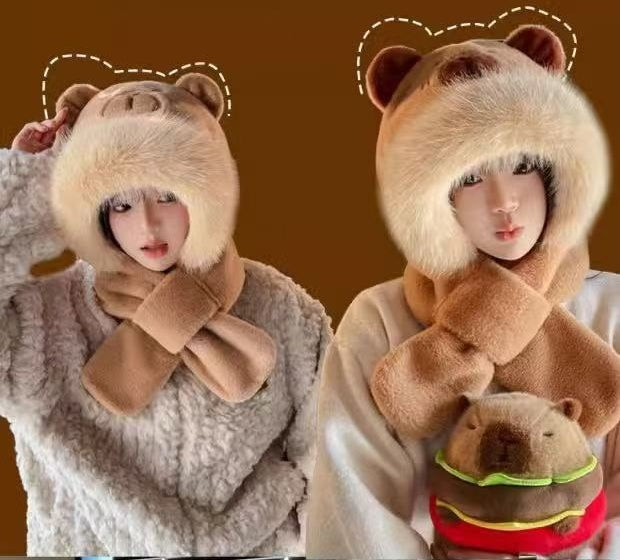 Kids Cartoon 3 in 1 Hat Scarf Gloves Set Winter Warm Fleece Stch Faux Fur Hoodie Full Hood Thick Thermal Scarves Gifts for Boys and Girls Kids(Capybara）