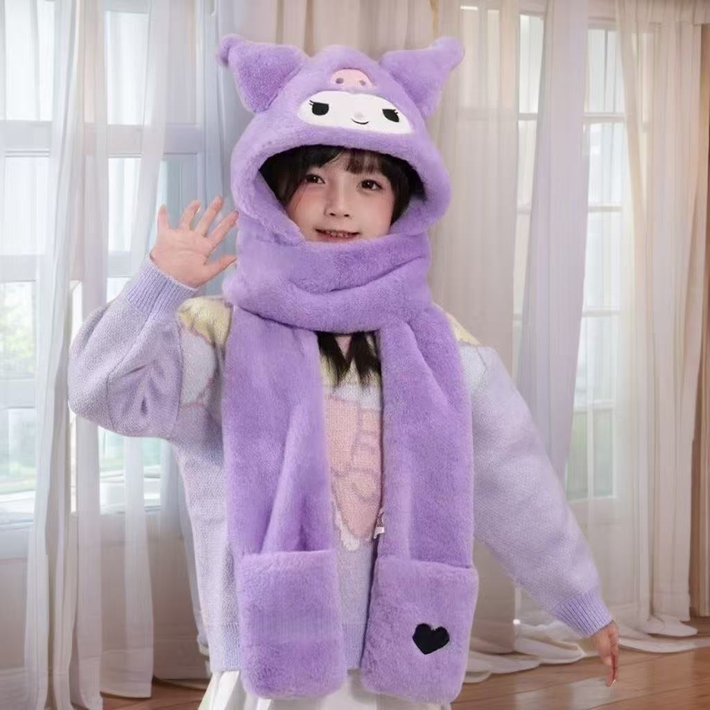 Kids Cartoon 3 in 1 Hat Scarf Gloves Set Winter Warm Fleece Stch Faux Fur Hoodie Full Hood Thick Thermal Scarves Gifts for Boys and Girls Kids(My Melody)