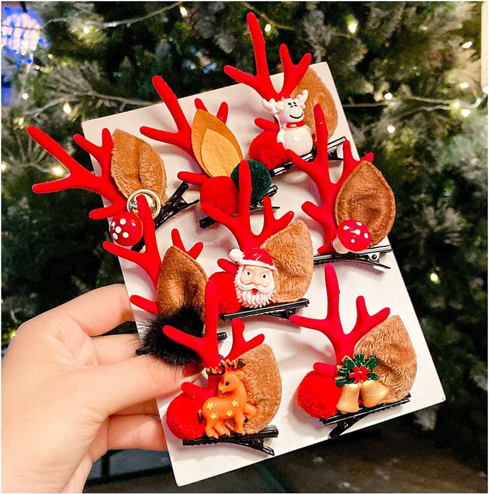 8PCS Christmas Xmas Party Santa Reindeer Snowman Pom Pom Bell Antler Kids Girls Toddlers Women Hair Clips Alligator Barrettes Hairpins Party