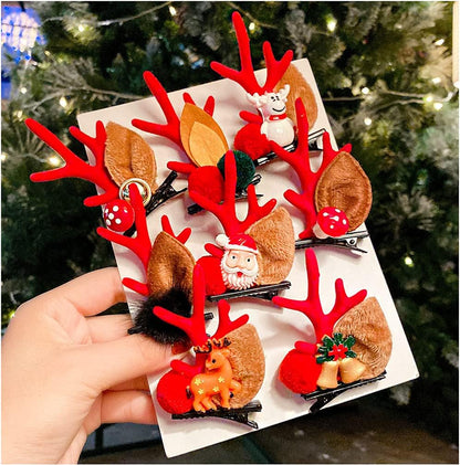 8PCS Christmas Xmas Party Santa Reindeer Snowman Pom Pom Bell Antler Kids Girls Toddlers Women Hair Clips Alligator Barrettes Hairpins Party
