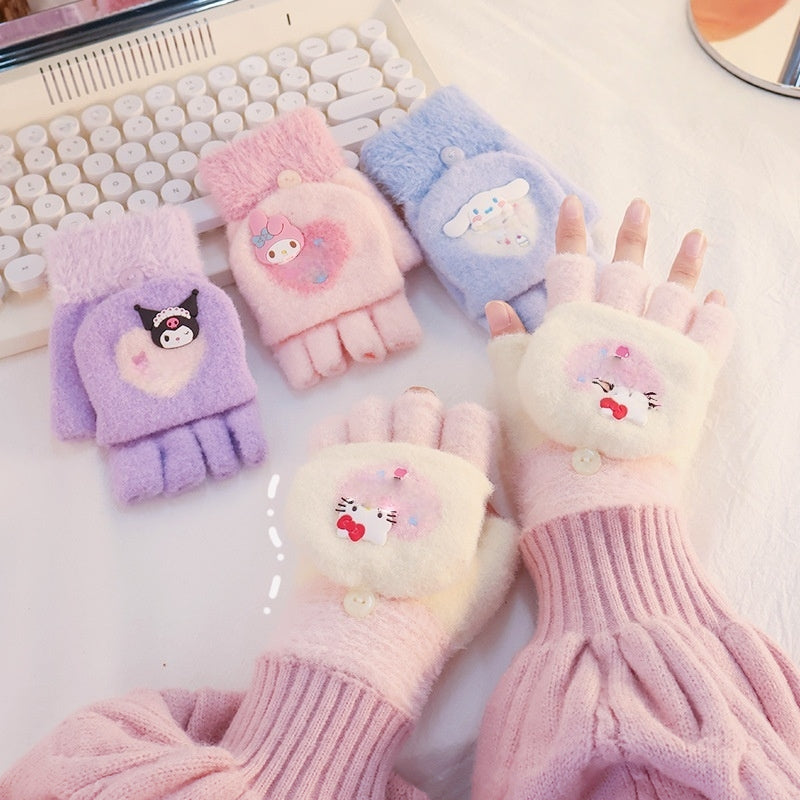 Fingerless Flap Cover Gloves Winter Knit Warm Mittens Soft Lined Fleece Thermal Outdoor Half Finger Gloves with Cover Convertible Flip Top for Kids