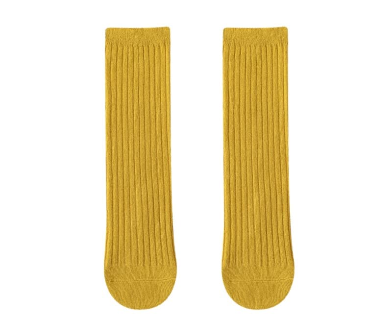 3 Pairs Back to School Kids Girls Knee High Plain School Uniform Colourful Cotton Rich Socks (Yelloow)