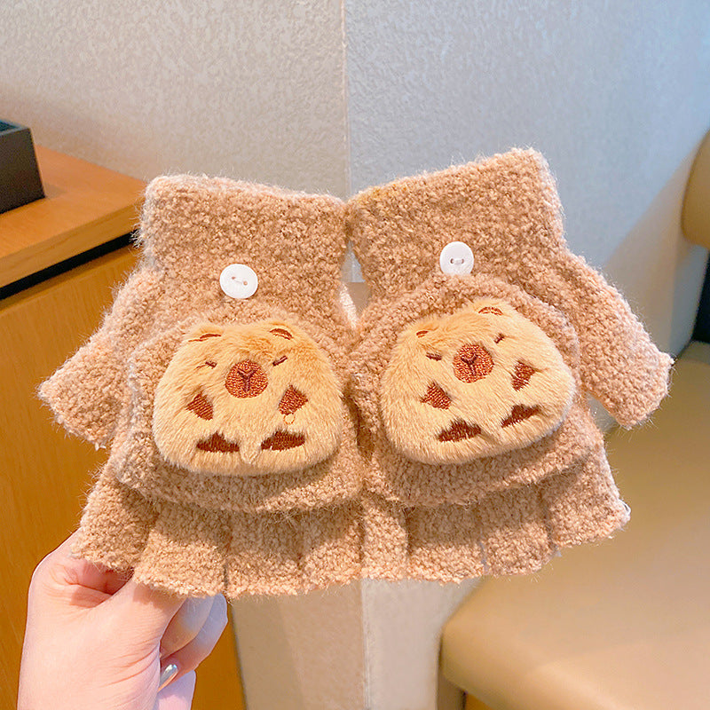 Fingerless Flap Cover Gloves Winter Knit Warm Mittens Soft Lined Fleece Thermal Outdoor Half Finger with Cover Convertible Flip Top for Kids boys girls(3D Kuromi)