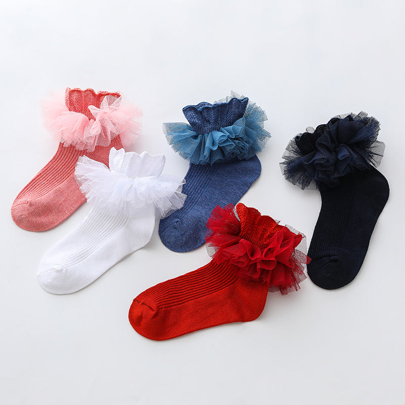 3 Pairs Kids Baby Girls Frilly Lace Tutu Flower Soft Cotton Socks Newborn Toddler Ankle Socks (Set01 1-3)