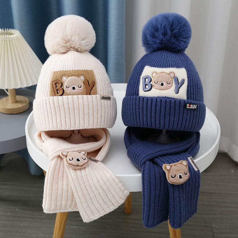 Kids Winter Beanie pom pom Hat Scarf Set 2Pcs Knit Warm Toddler Winter Cap Neck Warmer for Boys Girls Accessories Sets for Children Outdoor Sports(Pink)(Brown)