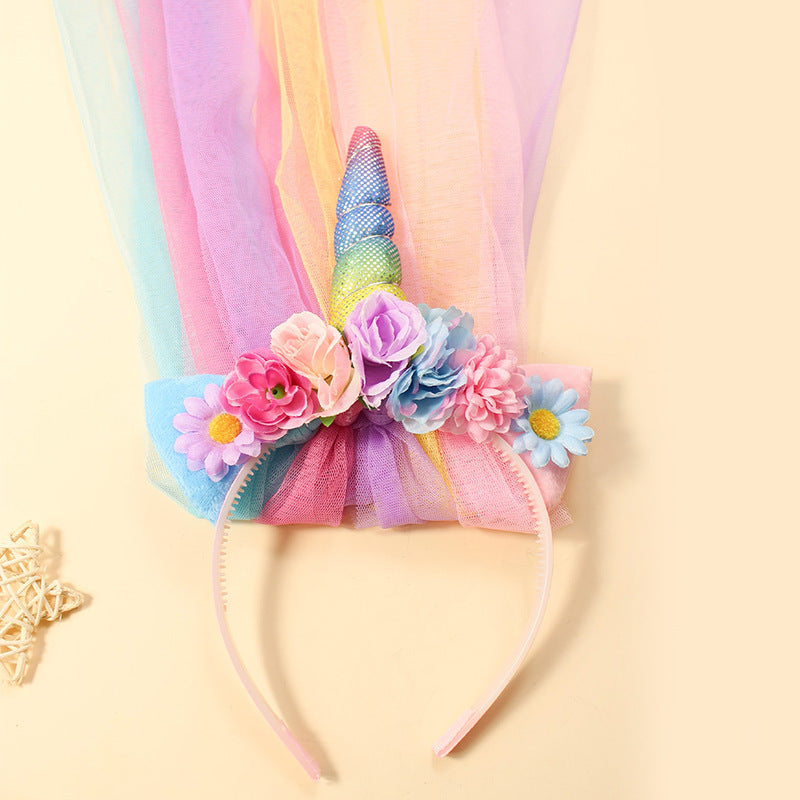 Unicorn Horn Floral Headband with Rainbow veil Ears Pony Head Bands Tiara for Girls Kids Headbands Party Birthday Cosplay Fancy costume (Rainbow Unicorn)