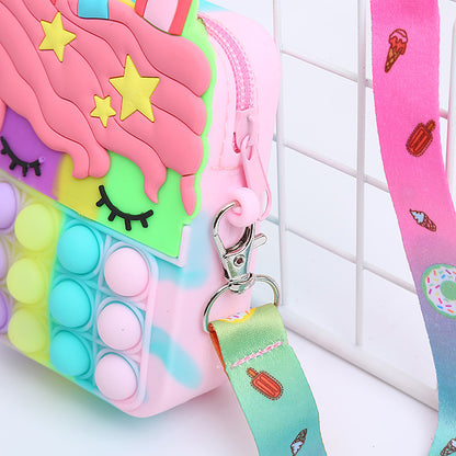 Unicorn Sensory Pop Toy Bag Girls Shoulder Bag, Silicone Pop Fidget Bag Poppet Handbag Purse Push Bubble Messenger Bag Anxiety Stress Relief for Children, Girls (Unicorn Rainbow Pop Bag)