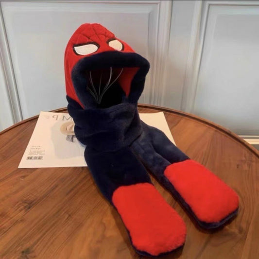 Kids Cartoon 3 in 1 Hat Scarf Gloves Set Winter Warm Fleece Stch Faux Fur Hoodie Full Hood Thick Thermal Scarves Gifts for Boys and Girls Kids(Spiderman)