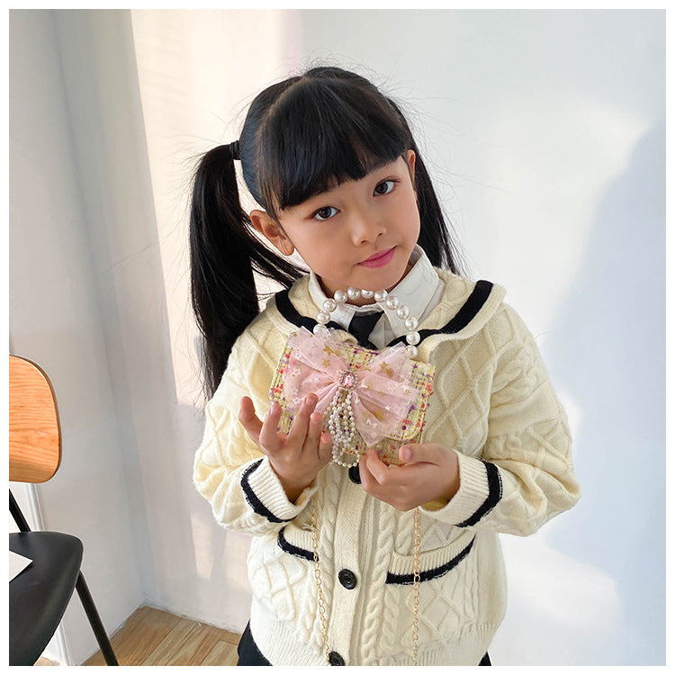 Shoulder Bag Girls Kids Children Handbags Portable Mini Coin Purse Messenger Crossbody Bag Princess Pearl Bow Mini Flip Bag Accessories Bags Gift Travel Holiday