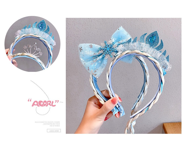 Kids Girls Toddlers Blue Elsa Ponytail Hair Extension Party Hair clips Snowflake Crown Headband Hairband Costume Dress up Braided Wigs (Elsa blue crown headband)