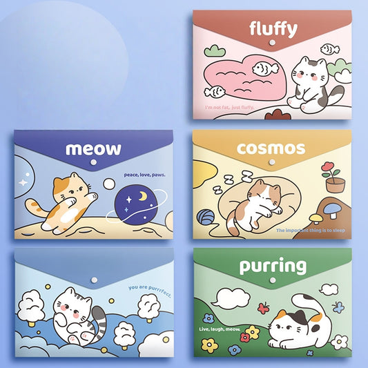 5PCS Plastic Wallets A4, 5 different designs Plastic Folders Popper Folder with Snap Closure, Lightweight Wallets for Document Office School Organization for Kids Adults (Cat)