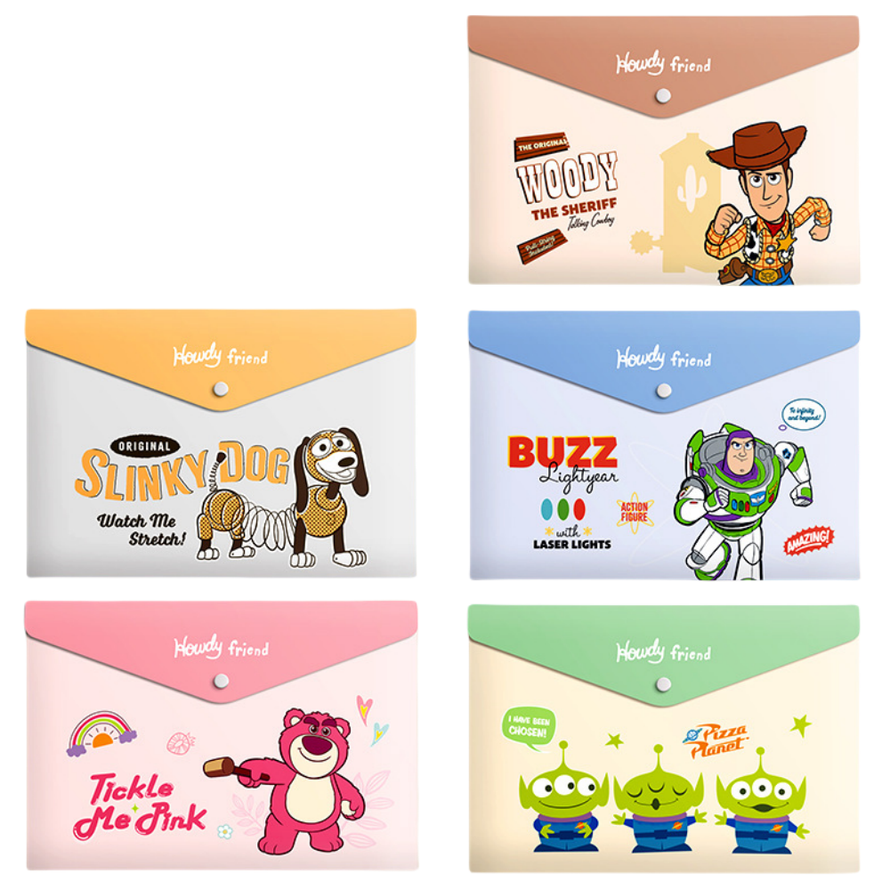 5PCS Plastic Wallets A4, 5 different designs Plastic Folders Popper Folder with Snap Closure, Lightweight Wallets for Document Office School Organization for Kids Adults (Toy  Story)