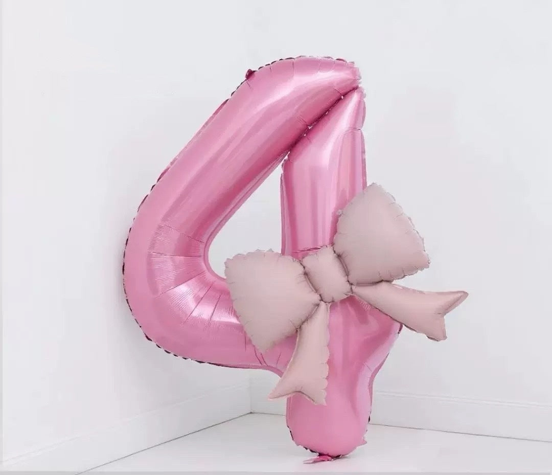 40'' Pink Number with Bow Balloon, Self Inflating Foil Light Pink Number Balloons Set 0-9, Pastel Pink Helium Balloon for Girls Birthday Party Decorations Anniversary Supplies (Pink, Number 4)