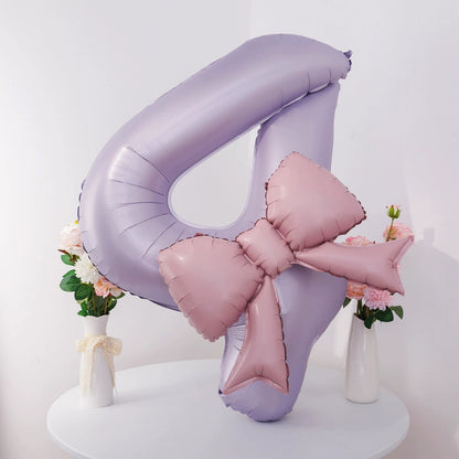40'' Purple Number with Bow Balloon, Self Inflating Foil Light Pink Set 0-9, Pastel Pink Helium Balloon for Girls Birthday Party Decorations Anniversary Supplies (Purple, Number 9)