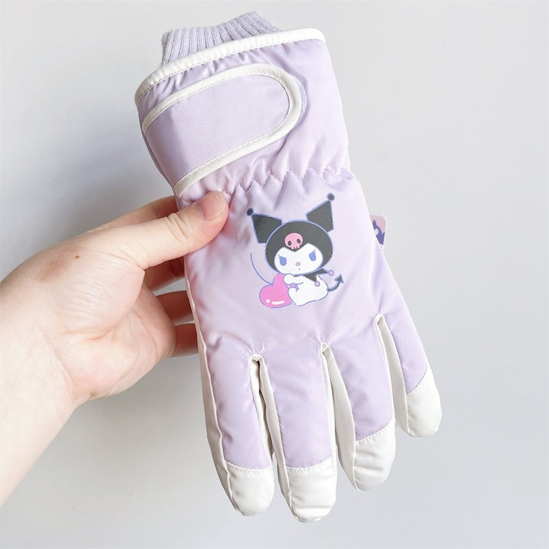 Kids Boy Girl Waterproof Winter Snow Ski Snowboard Fleece Thermal Warm Outdoor Gloves(Kuromi)