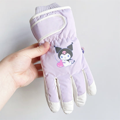 Kids Boy Girl Waterproof Winter Snow Ski Snowboard Fleece Thermal Warm Outdoor Gloves(Kuromi)