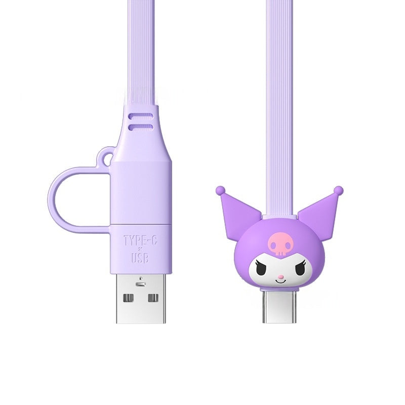 Cute Kitty Cartoon Charging Cable - Pink 2-in-1 Multi-Connector USB-C to USB-C/-C to C 3A USB Cable for Fast Charging, 1m Transfer Cable, USB-A Adaptor Included, Fast Charger Compatible